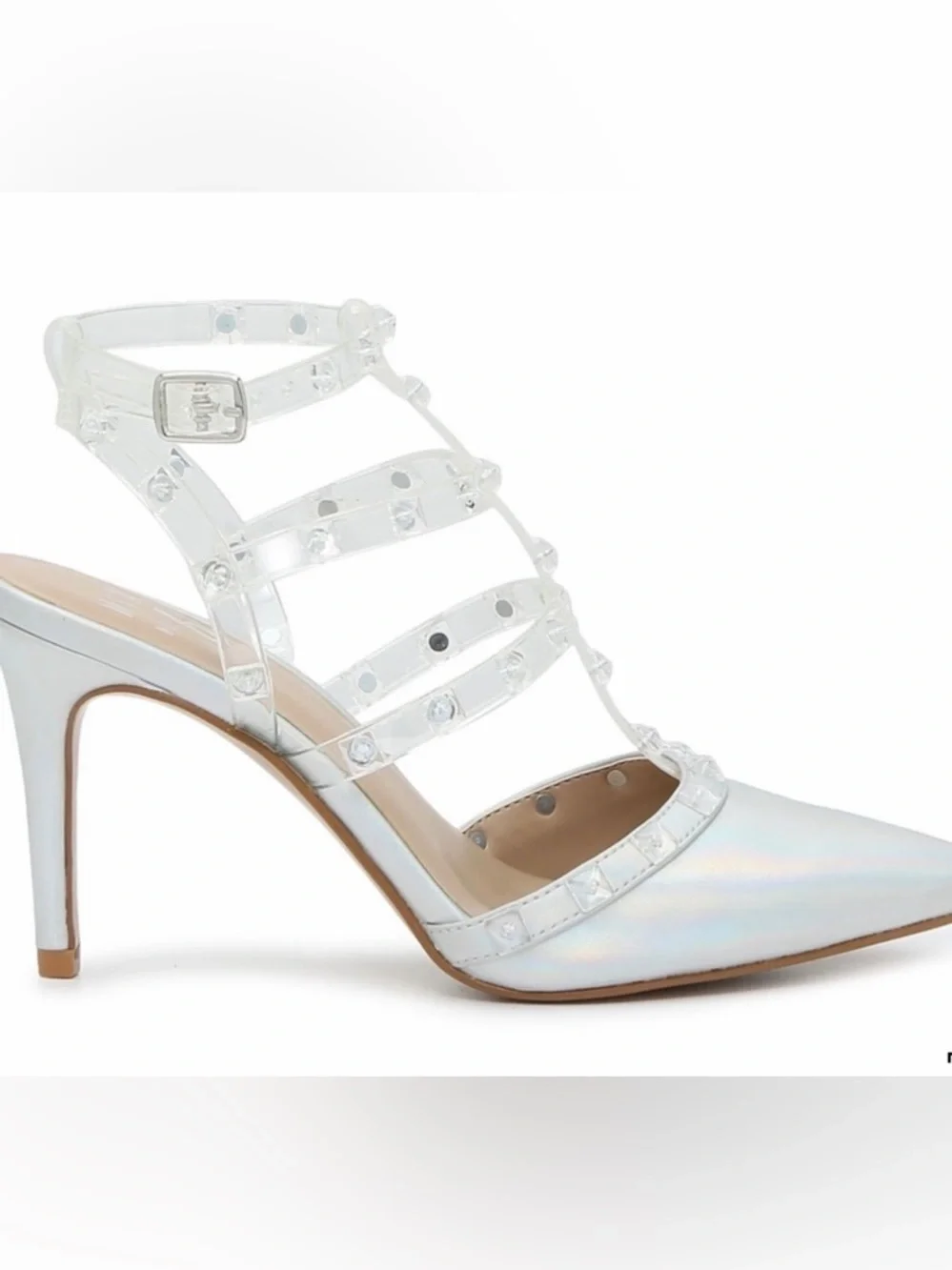 🪩 Mix No. 6 Liraven Caged Pump Heel in Iridescent/Clear Metallic with Studs